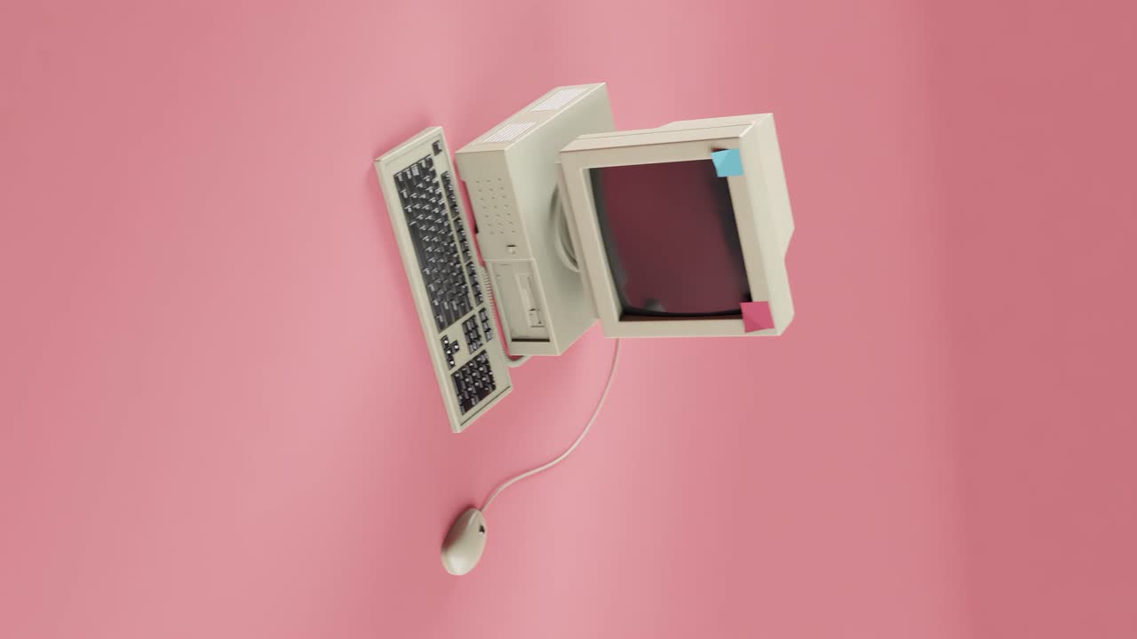 와이어 및 플로피 디스크 공간에 마우스가 있는 리트로 컴퓨터, 세로로 3d 렌더링