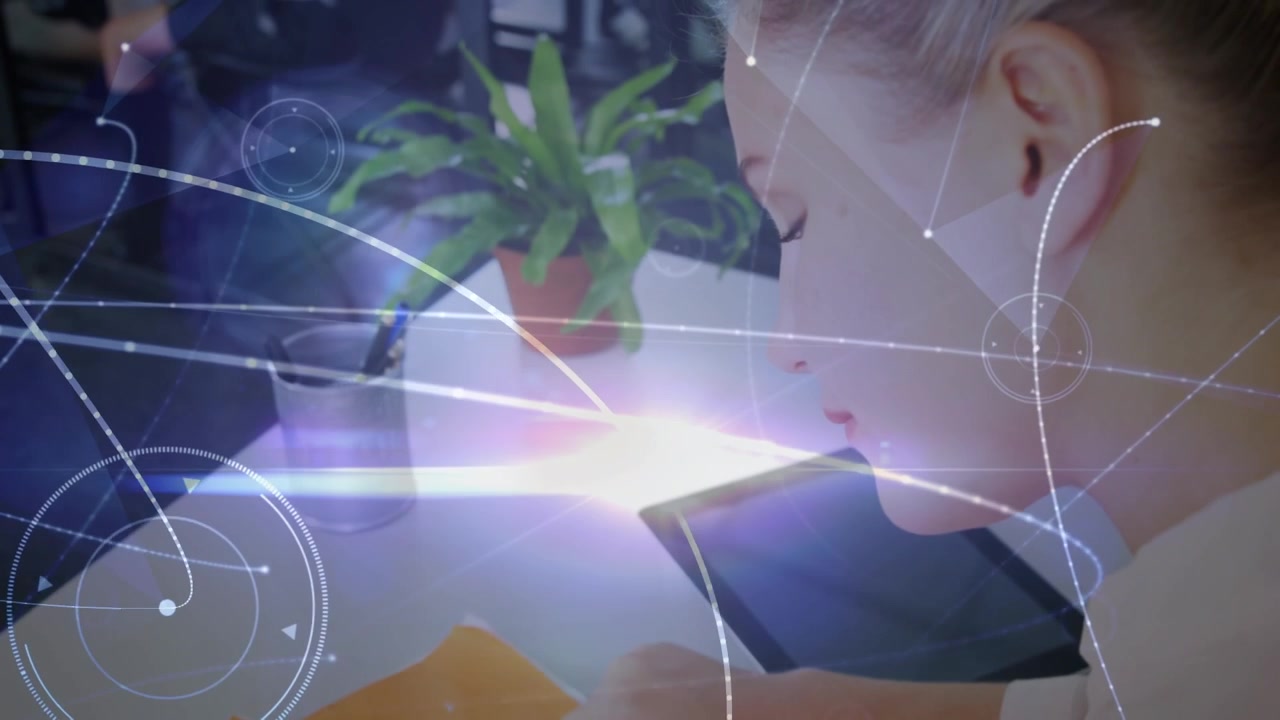 Animation of light and connections over hands of caucasian woman using notepad