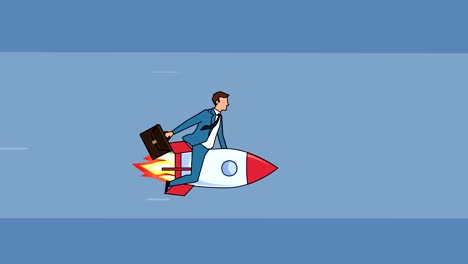 flat cartoon businessman character fly on rocket entering to the exit keyhole business concept animation