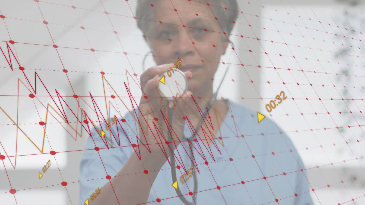 Nurse in blue scrubs raising stethoscope head toward viewer, showing real-time node grid waveform