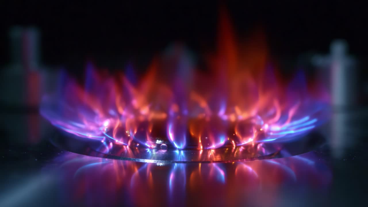 Primo piano di vivaci fiamme che danzano su un fornello a gas, che mostra colori vividi e movimenti dinamici in un ambiente controllato