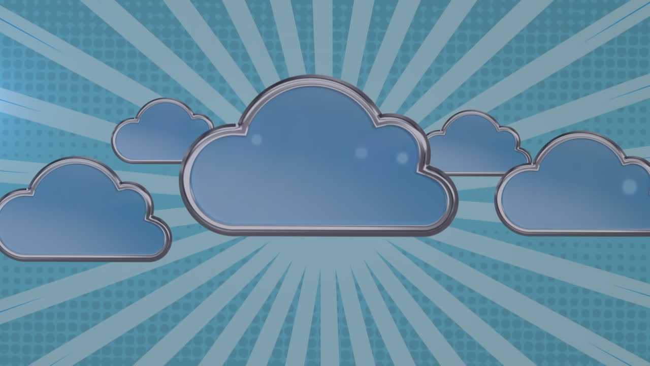 animación digital de múltiples iconos de nubes contra un fondo radial azul