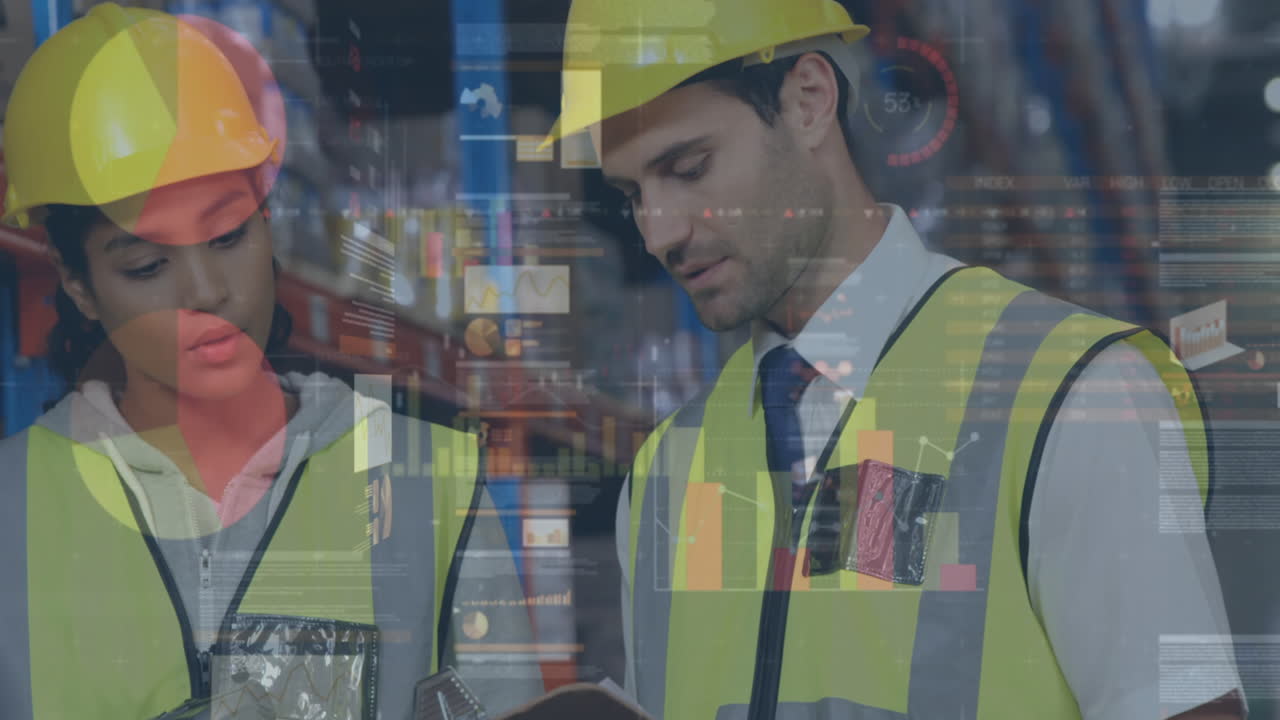 animación de estadísticas y procesamiento de datos financieros sobre hombres y mujeres que trabajan en almacenes