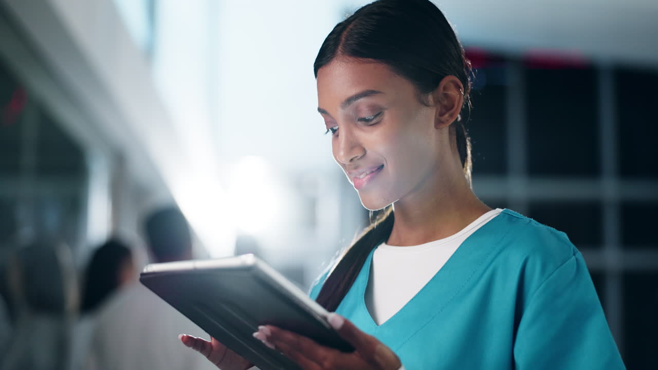 Woman, nurse or digital tablet in hospital