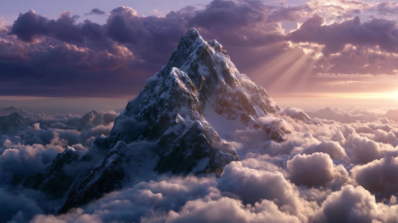 Maestosa cima di montagna inondata di luce calda con nuvole drammatiche che la circondano, catturando l'essenza della bellezza naturale e della serenità sopra le nuvole