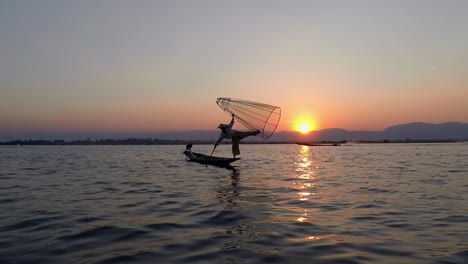 fisher man lake sunset myanmar along morning boat