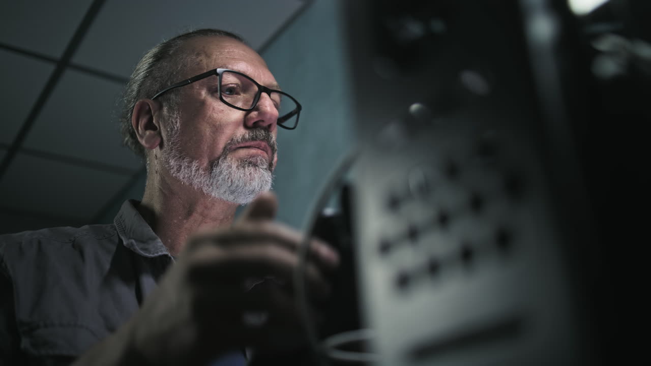 hombre concentrado trabajando en un dispositivo técnico por la noche
