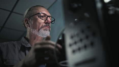 focused man working on a technical device at night
