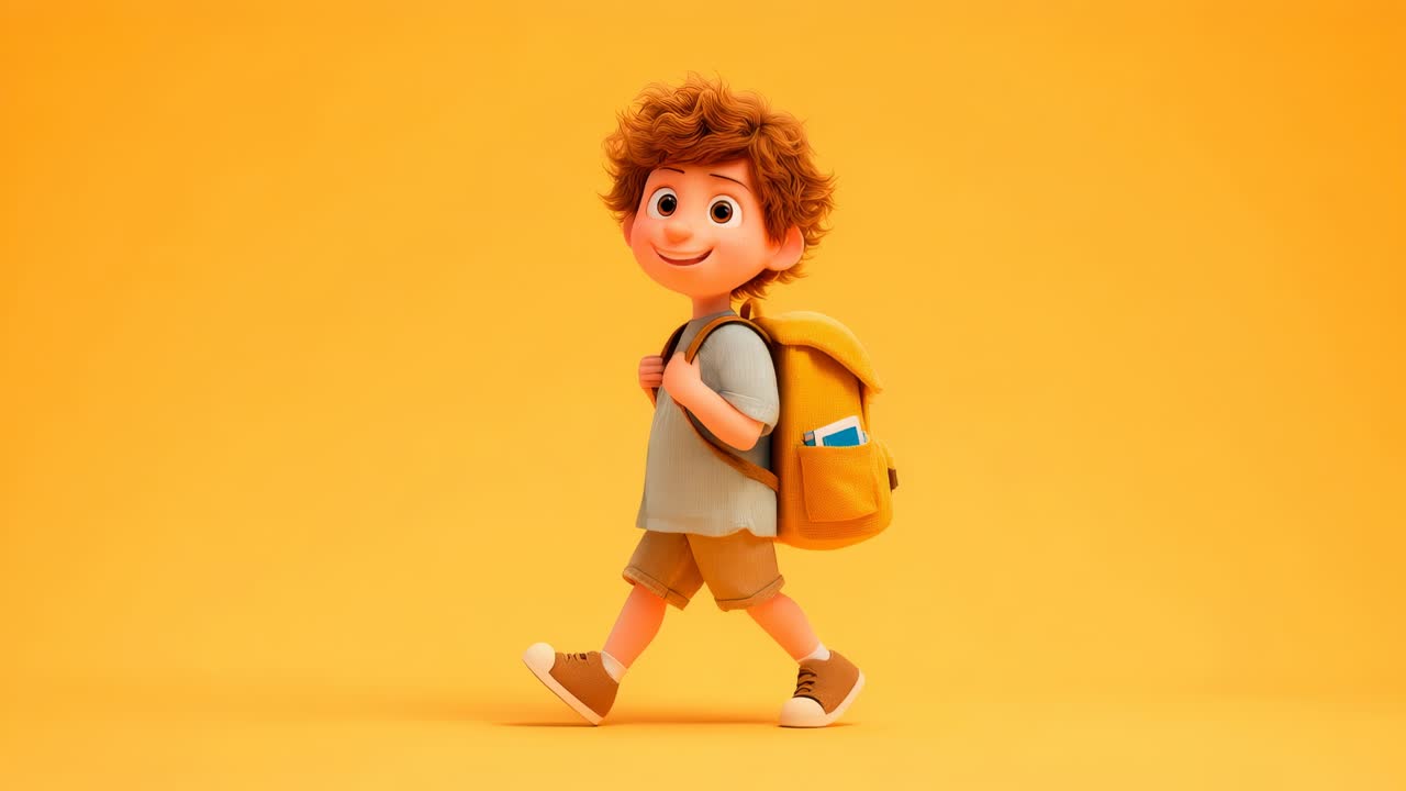 A cheerful and animated boy wearing a backpack is joyfully walking along the sunny path today