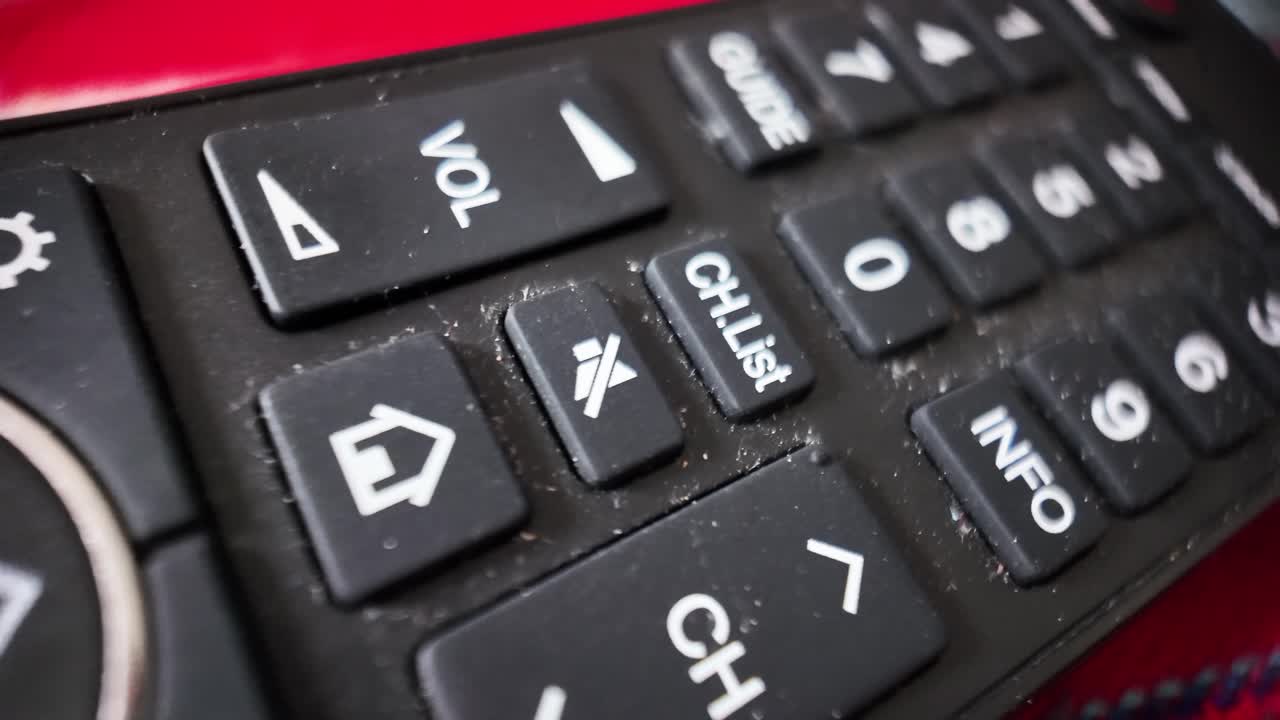 Close up macro photograph of a dirty, dusty, and used TV remote control, emphasizing the need for cleaning