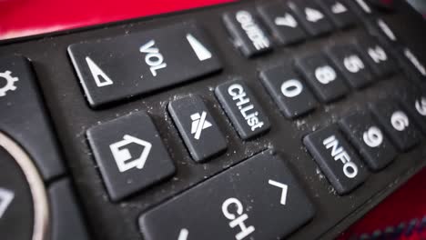 close up macro photograph of a dirty, dusty, and used tv remote control, emphasizing the need for cleaning