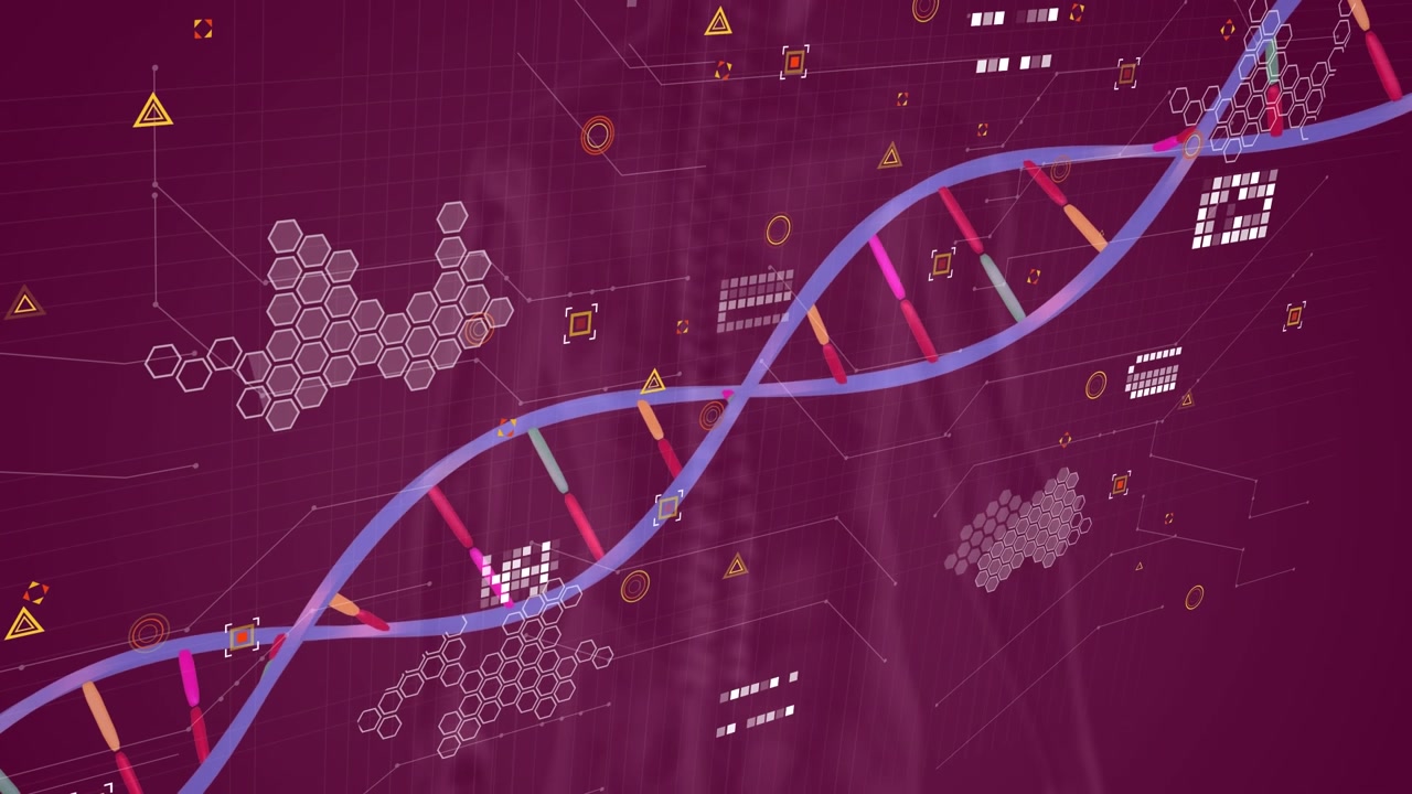 Animation of dna and icons over purple background