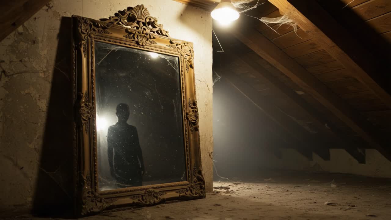 Un incontro inquietante con il riflesso: una figura oscura si erge davanti a uno specchio ornato in una soffitta polverosa e illuminata, evocando un inquietante senso di mistero e intrigo.
