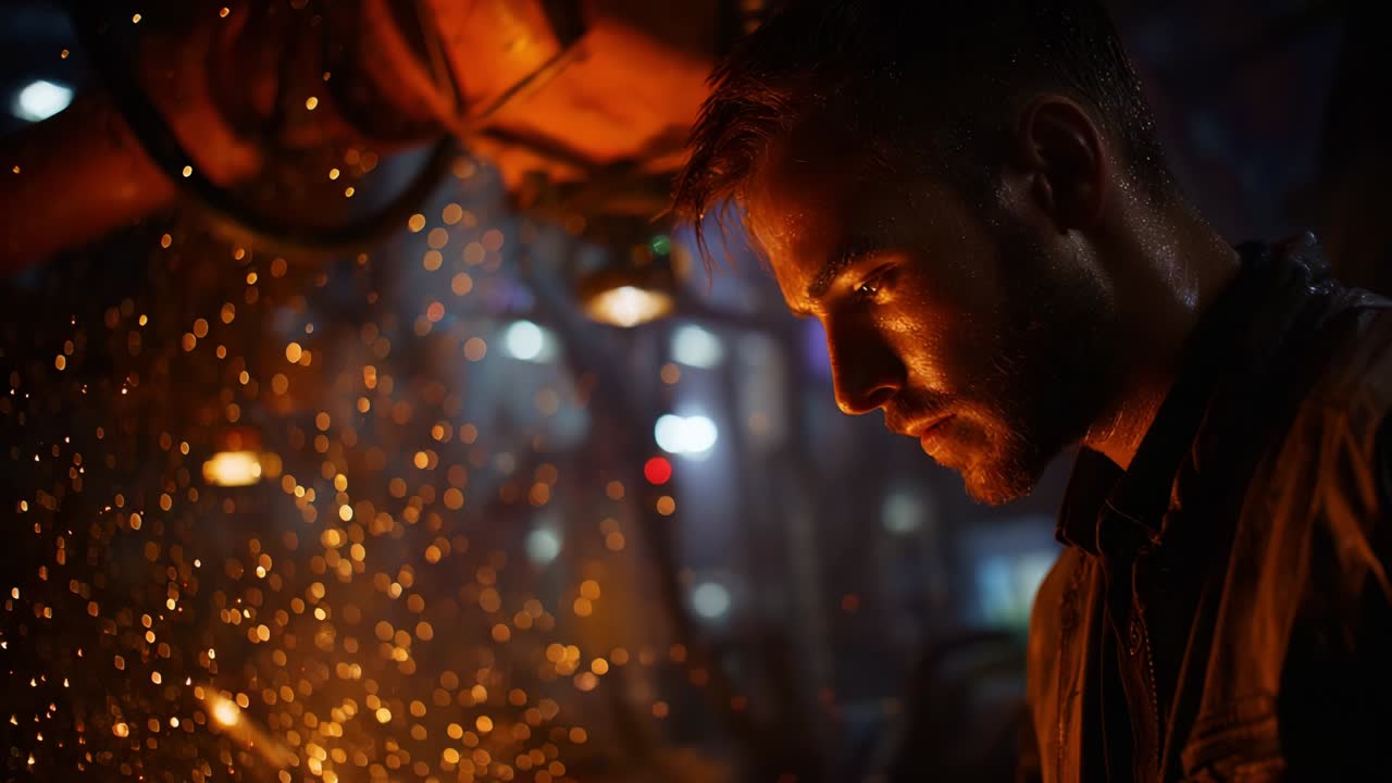 Intense Focus: A lone figure stands amidst a backdrop of glowing sparks and industrial machinery, evoking deep contemplation and determination in a gritty, atmospheric environment filled with dynamic energy