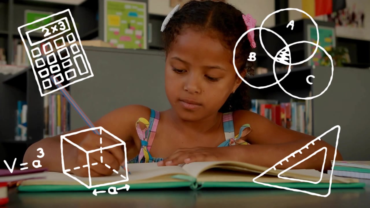 Upon writing in notebook on wooden desk student seeing animated math icons appearing for learning