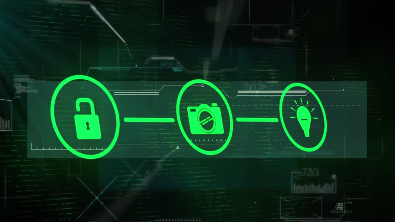 Animation of lock, camera, light bulb forming flowchart over programming language