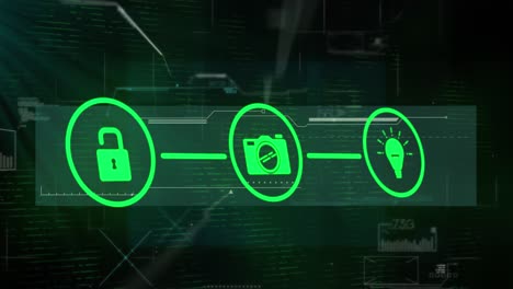 Animation-of-lock,-camera,-light-bulb-forming-flowchart-over-programming-language