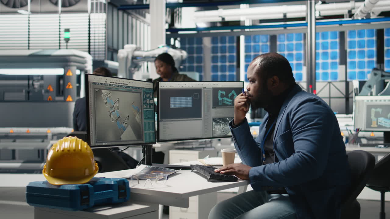 Engineers working on computers in a manufacturing factory