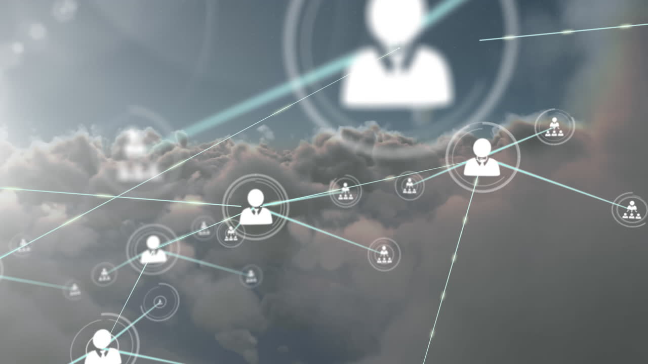 animación de la red de iconos de perfil contra nubes grises en el cielo.