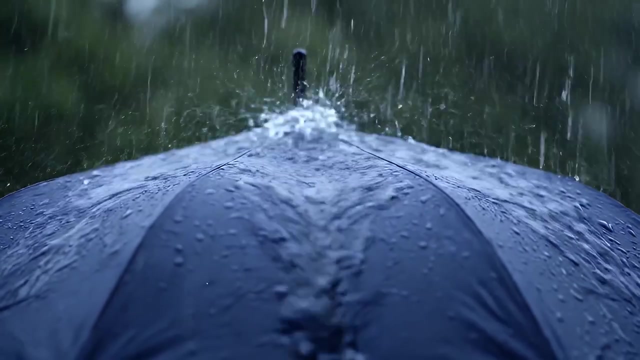 Heavy Rain Falling on a Dark Blue Umbrella