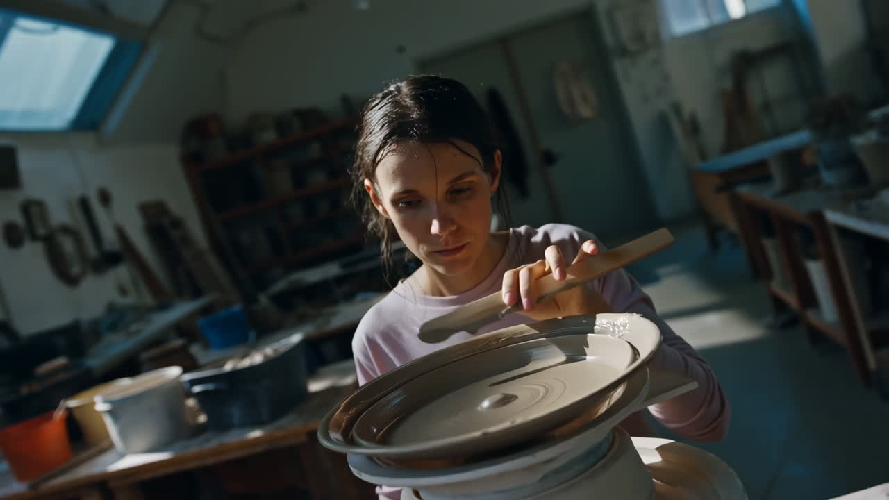 Woman working on a pottery wheel in a ceramics workshop