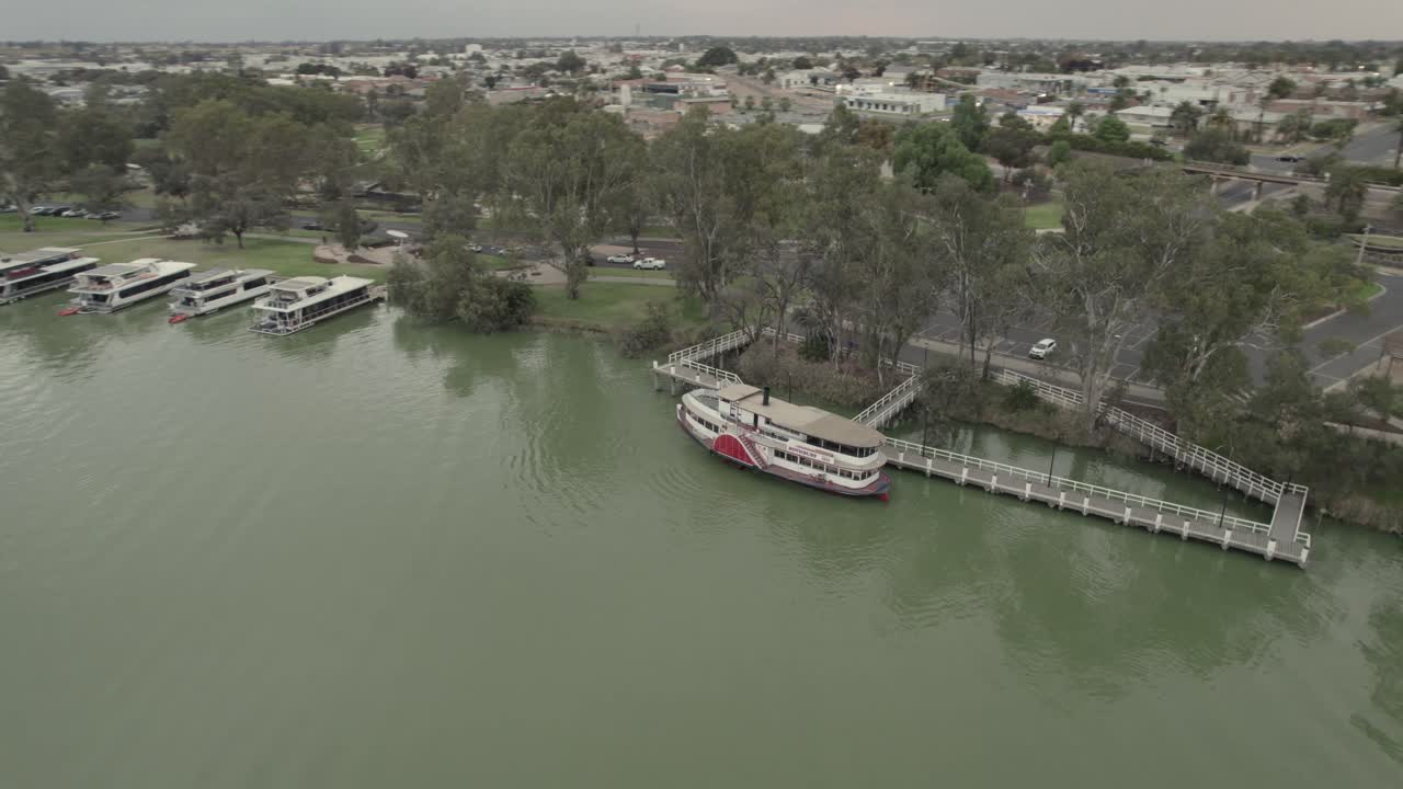 Aerial view of the waterfront at Mildura, Victoria, Australia, showing the river Murray and watercraft