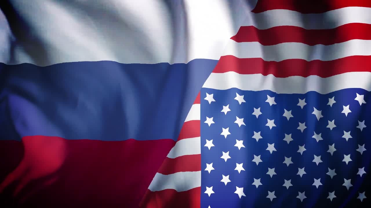 Animação de uma bandeira combinada da Rússia e dos Estados Unidos ondulando.