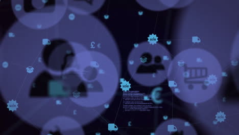 animation of digital icons and currency symbols floating over network background