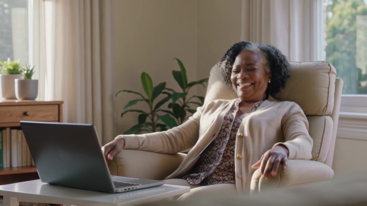 Noticing laptop screen, senior woman in cardigan laughing and reclining in bright living room
