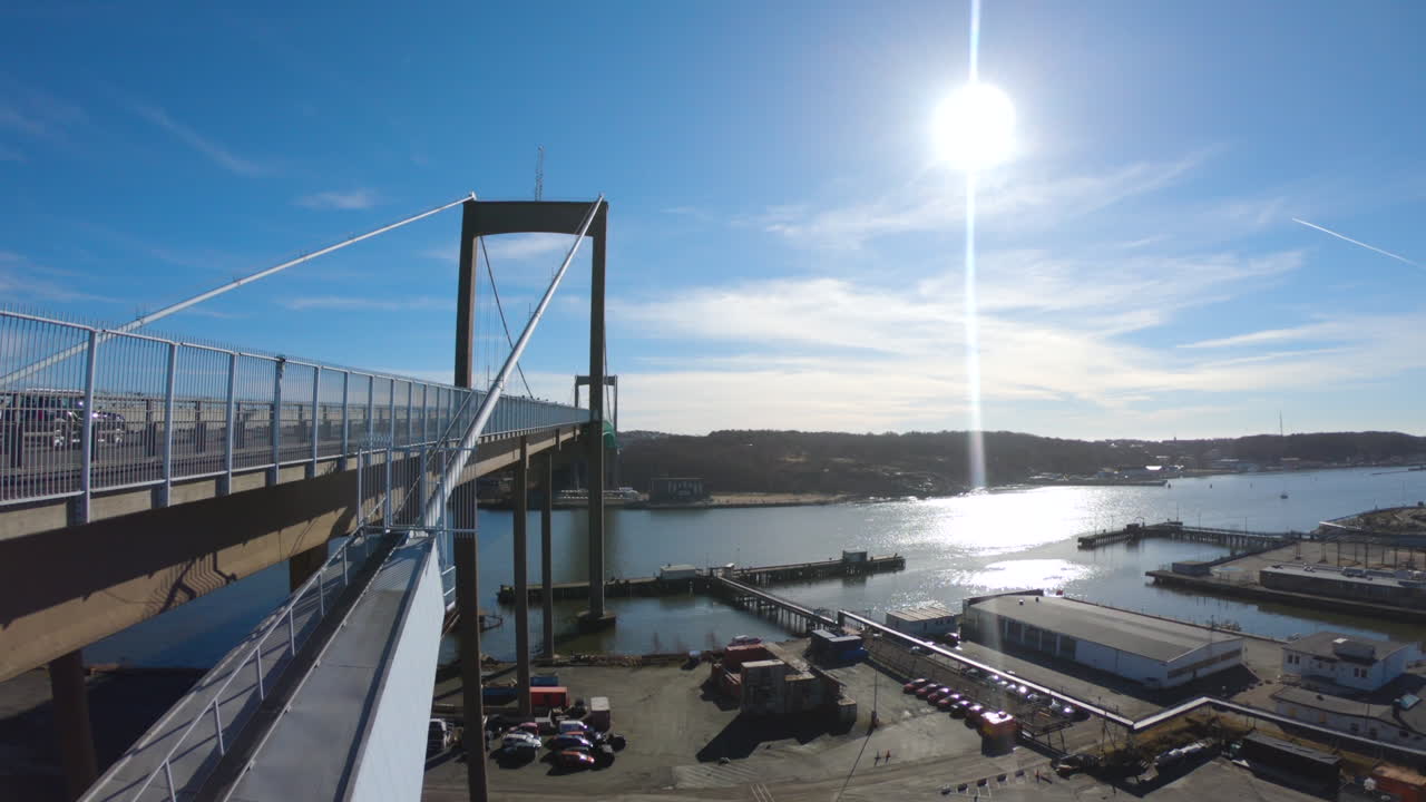 4k Shot of the large Gothenburg suspension bridge, Älvsborgsbron. Bridge over ocean river on a beautiful clear summer day in Sweden