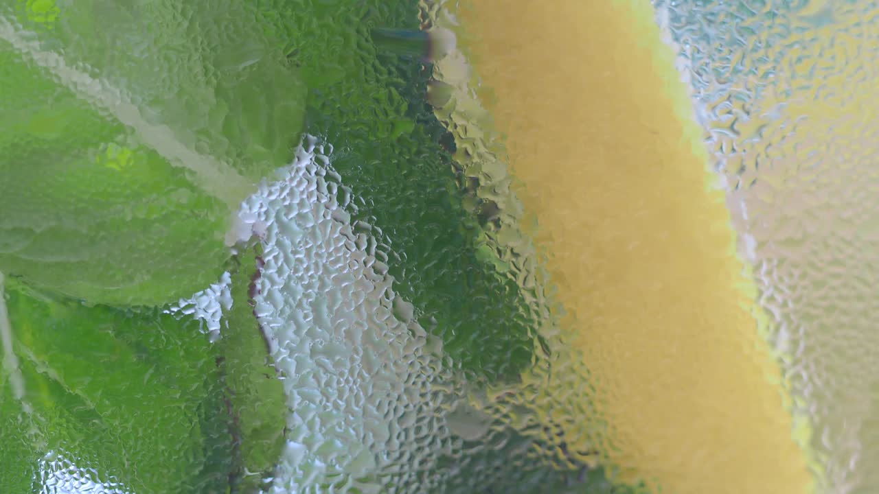 Primo piano di condensa su vetro con menta e limone