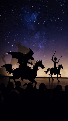 fantasy shadow puppet show with knights and mythical creatures under a starry sky