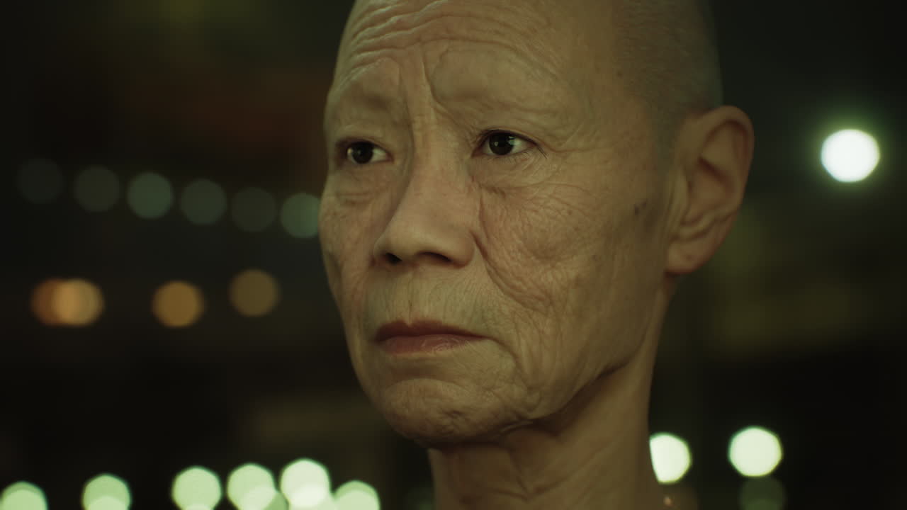 밤에 도시에 있는  ⁇ 은 아시아 여인