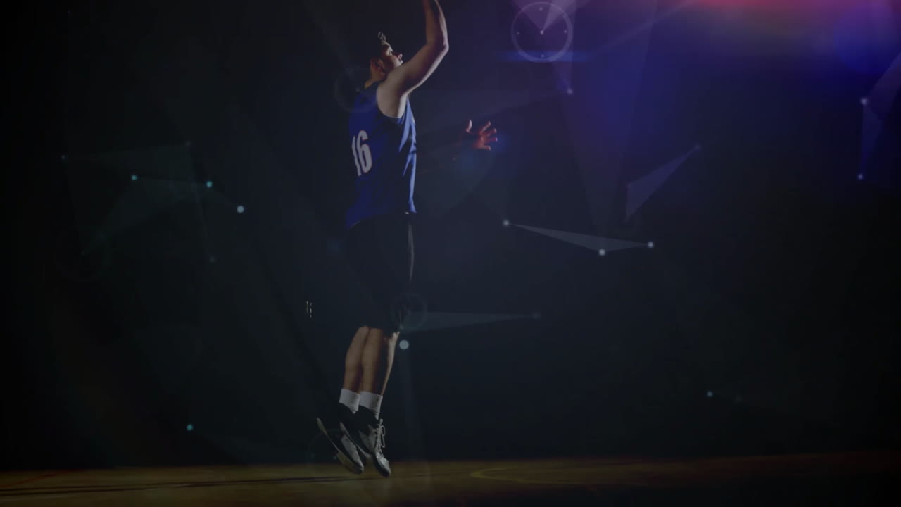 Basketball player shooting ball with geometric shapes and lines animation