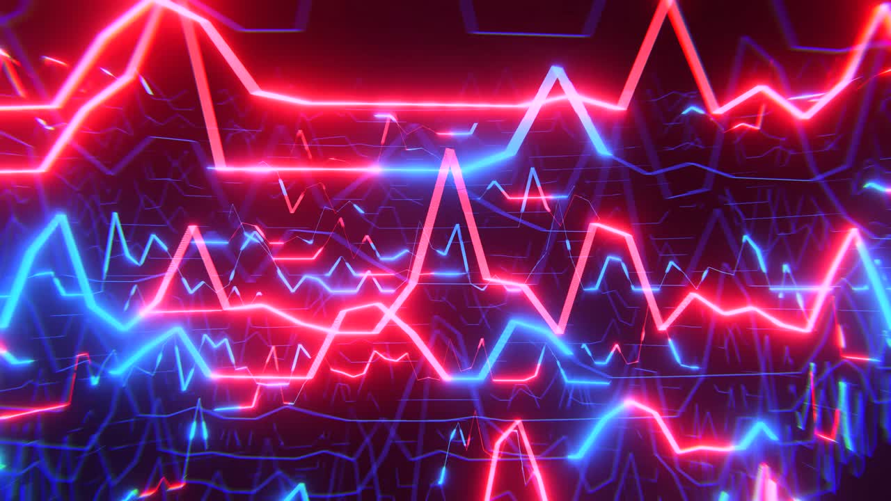 Abstrakt digital baggrund med bevægende neonrøde og blå linjer