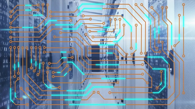 Animation of microprocessor connections and mosaic sqaures against computer server room