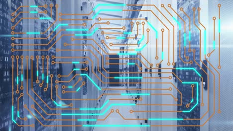 Animation-of-microprocessor-connections-and-mosaic-sqaures-against-computer-server-room