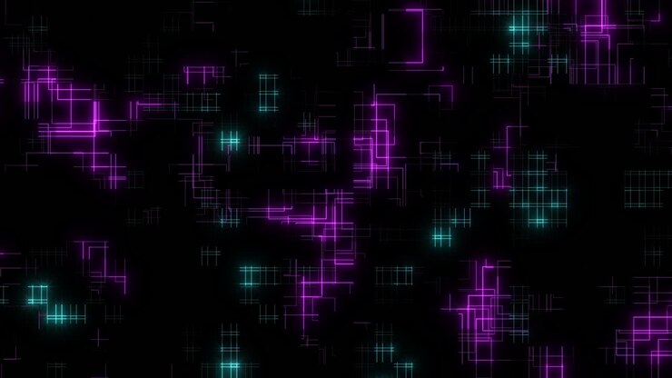 Glowing grid dark, futuristic pattern of purple and blue squares on black background