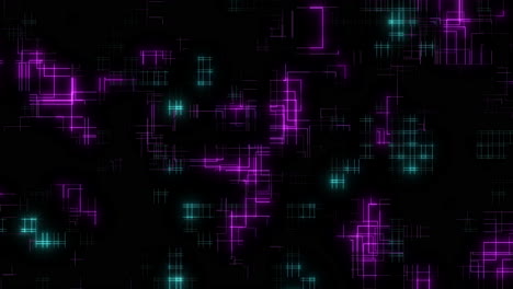 glowing grid dark, futuristic pattern of purple and blue squares on black background