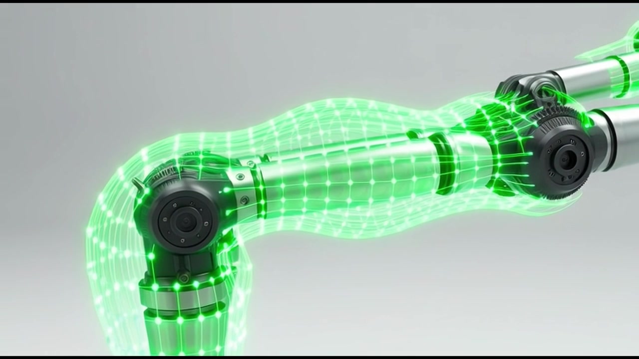 Advanced Robotic Arm Bending with Glowing Green Mesh