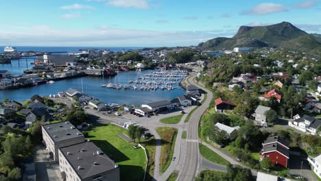 svolvaer harbour fishing village in lofoten islands, norway - aerial 4k