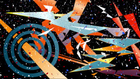 animation of blue and red confetti over shapes on black background