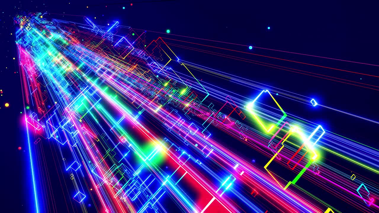 모션 그래픽, 데이터 흐름, 데이터의 하이테크 스트림, 모션 디자인, vj 루프, 네이온 조명, 다채로운 빛으로 네트워크 블록의 와이어 프레임, 추상적인 홀로그램, 미세 회로 개념, 하이테크로