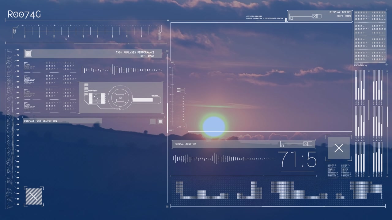 Animasjon av variert databehandling over landskap ved solnedgang