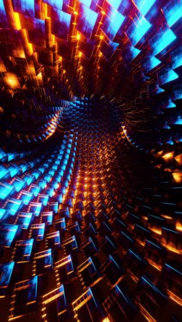 flying through a tunnel of blue and orange metal cubes. vertical looped video