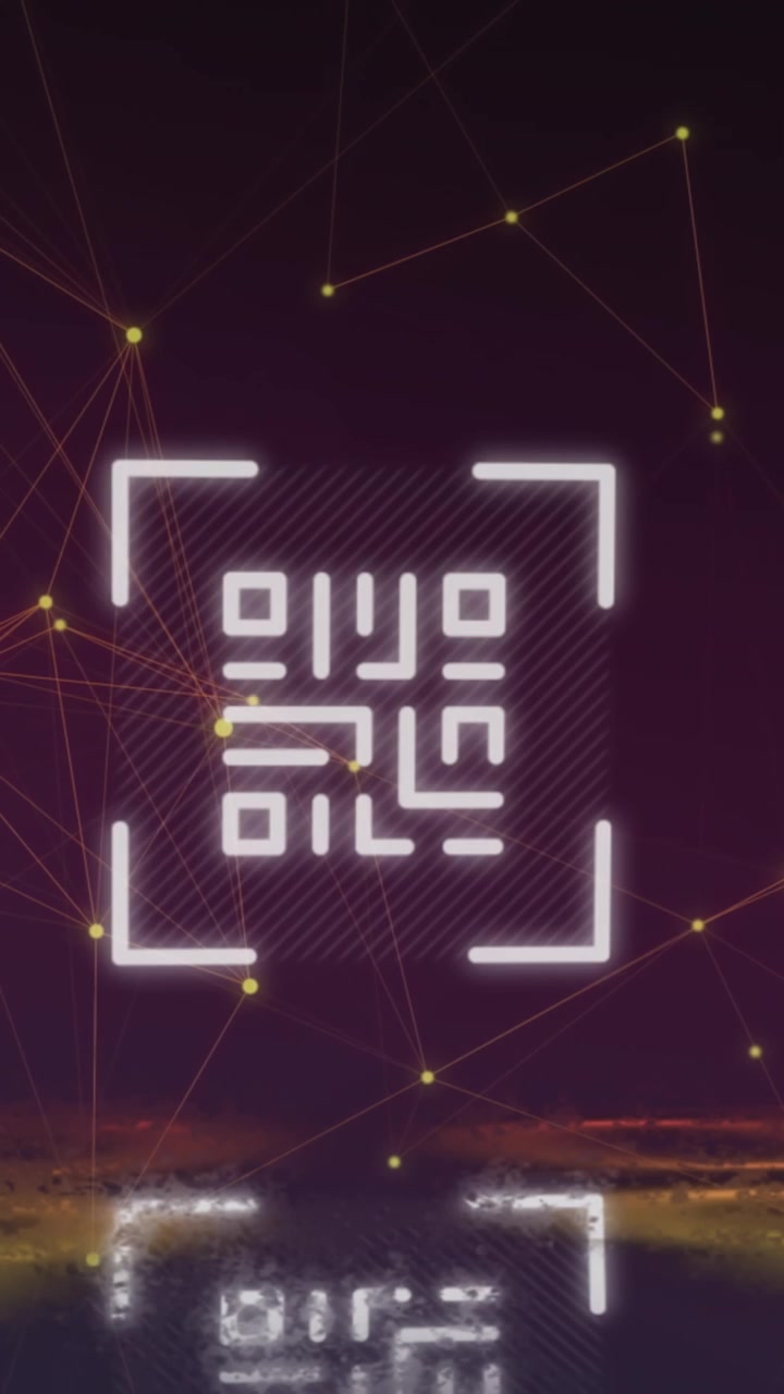 Digital animation of qr code scanner against network of connections on purple background