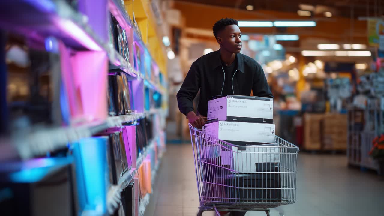 A young shopper navigates the vibrant aisles of a retail store, pushing a shopping cart filled with boxes, surrounded by colorful shelves showcasing an array of electronic items and accessories