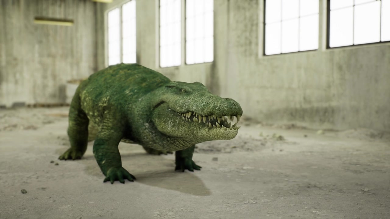 Stor krokodil undersöker övergiven fabrik i skenet från bakgrundsbelysta fönster
