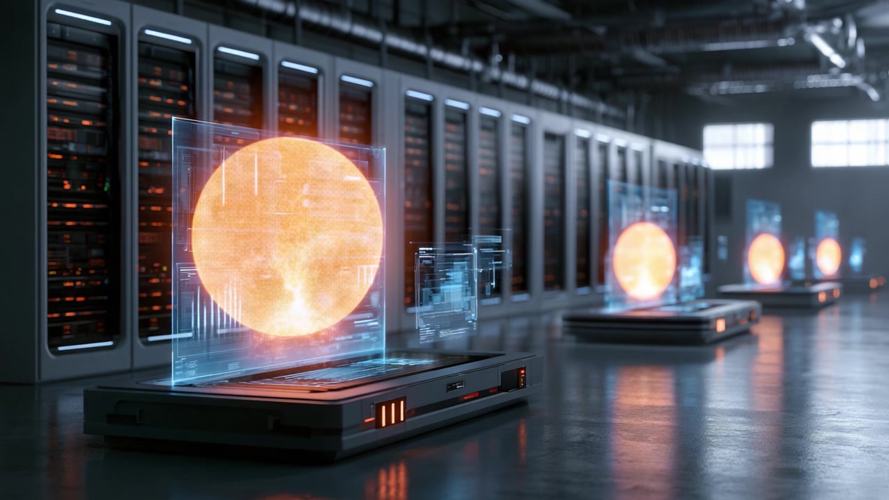 Futuristic Data Center with Holographic Displays Showcasing Evolving Visualizations of Data Representations and Simulated Stellar Bodies in a High-Tech Environment