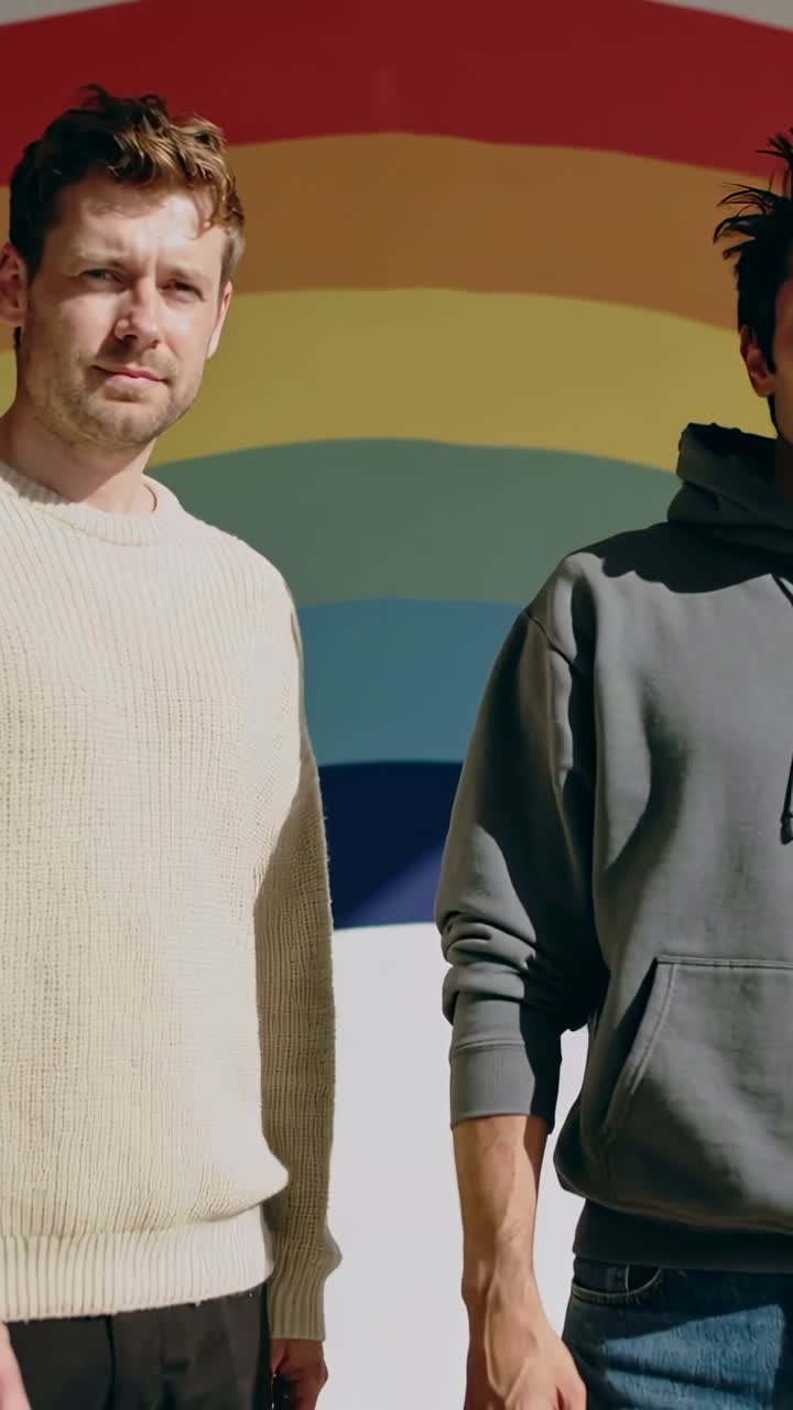 Two Young Men Standing in Front of a Colorful Rainbow Wall